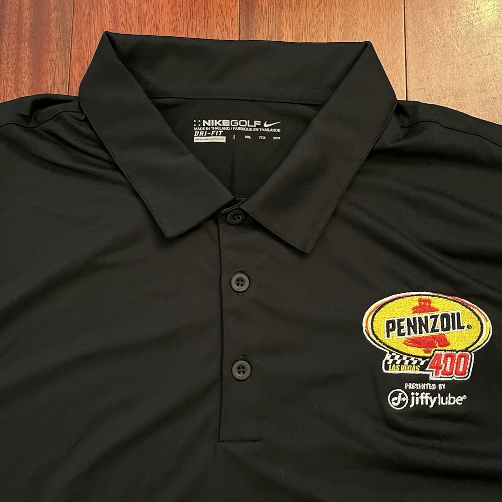 Nike Golf Polo Shirt Men XXL Black Dri Fit Logo Embroidery Nascar Jiffy Lube Nwt
